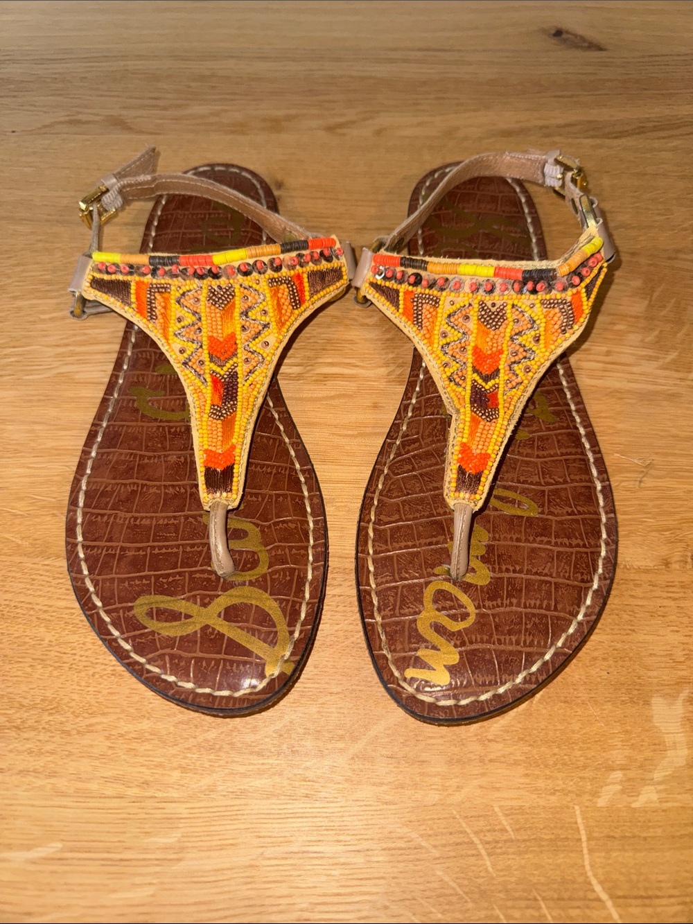 Sam Edelman Yellow Orange Embroidered T‑Strap Sandals